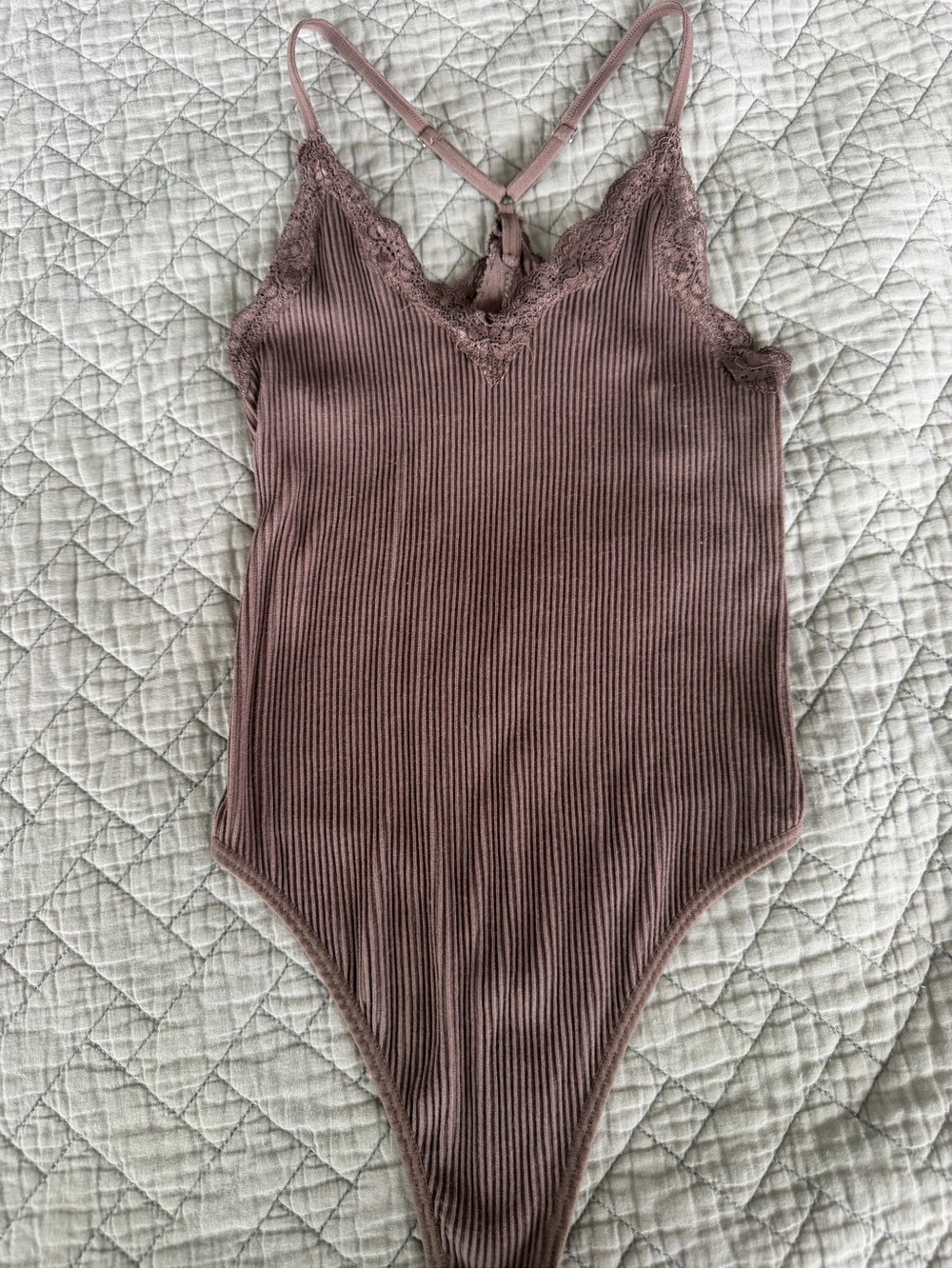 Lace-Trim Ribbed Bodysuit - Dusty Mauve